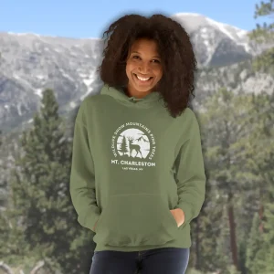 mt charleston wilderness hoodie, elk illustration, pine trees and snow mountains, mt charleston las vegas text, nevada wildlife design, unisex outdoor hoodie, mountain forest artwork, spring mountains nevada