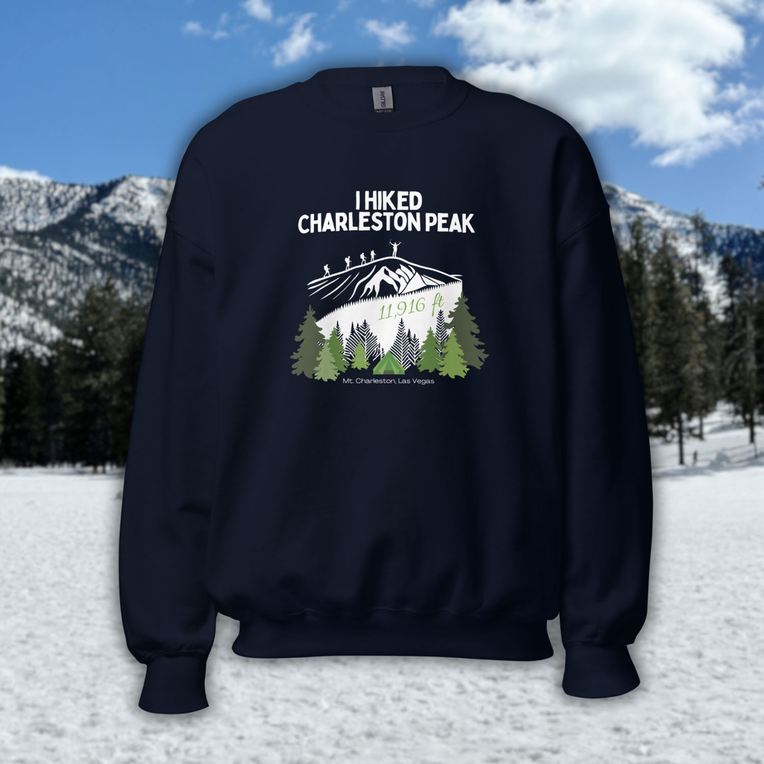 charleston peak hiking sweatshirt unisex hiker standing on summit waving poles 11916 ft mt charleston nevada mountain hike design