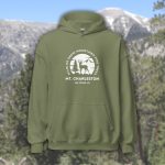 mt charleston hoodie, elk pine tree mountain illustration, snowy wilderness scene, las vegas mountain design, nevada wildlife hoodie, forest inspired unisex hoodie