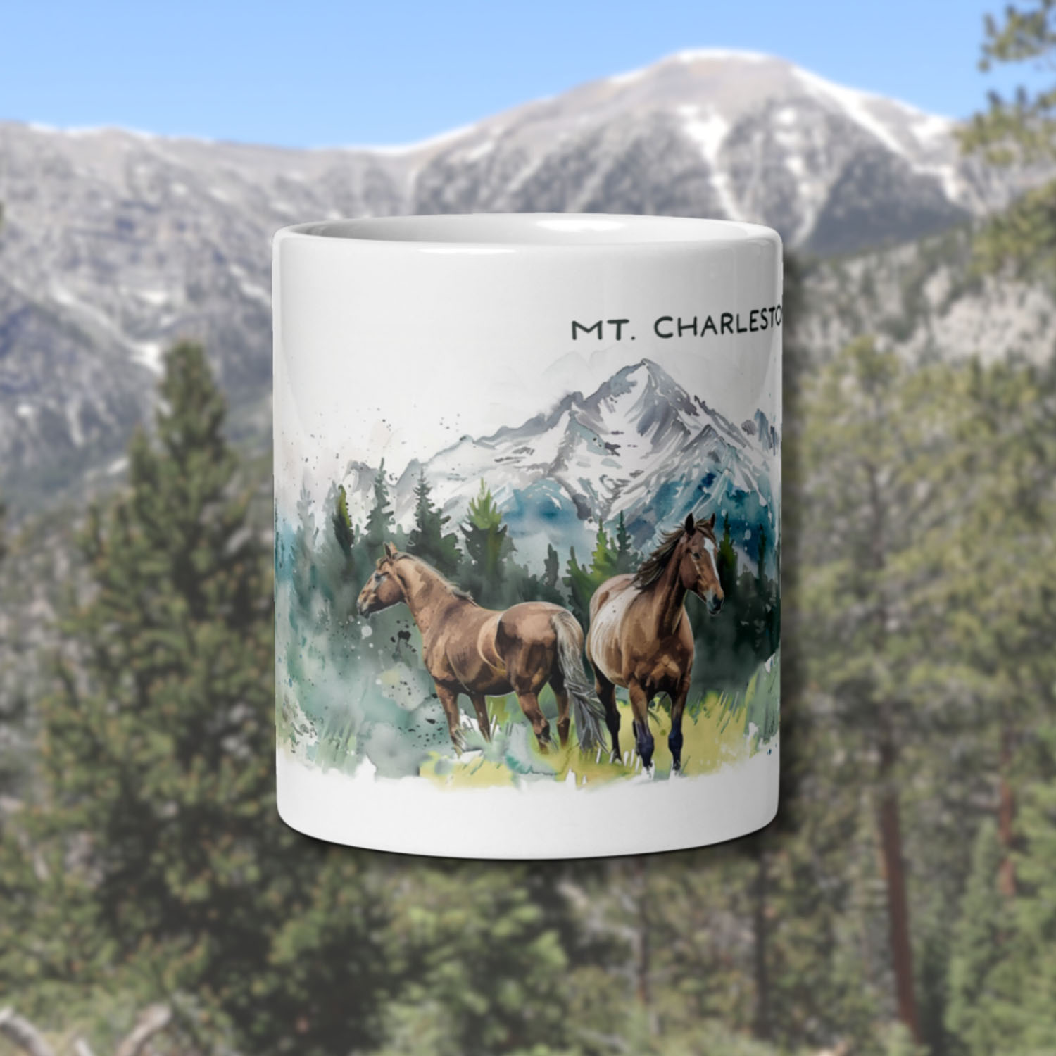 wild horses mt charleston mug, watercolor mountain horse art, ceramic coffee mug, spring mountains nevada, las vegas wildlife mug, horse painting on mug, nature inspired drinkware