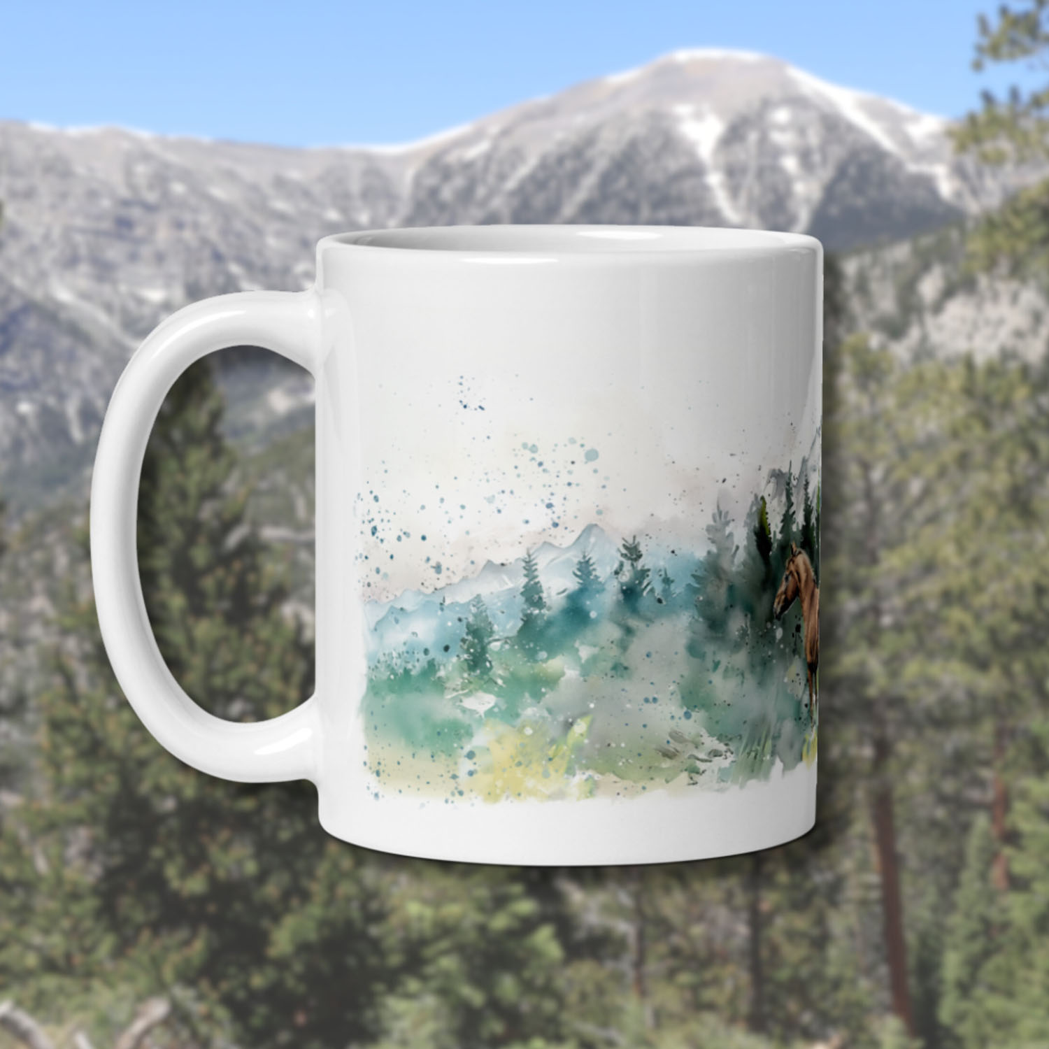 wild horses mt charleston mug, watercolor mountain horse art, ceramic coffee mug, spring mountains nevada, las vegas wildlife mug, horse painting on mug, nature inspired drinkware