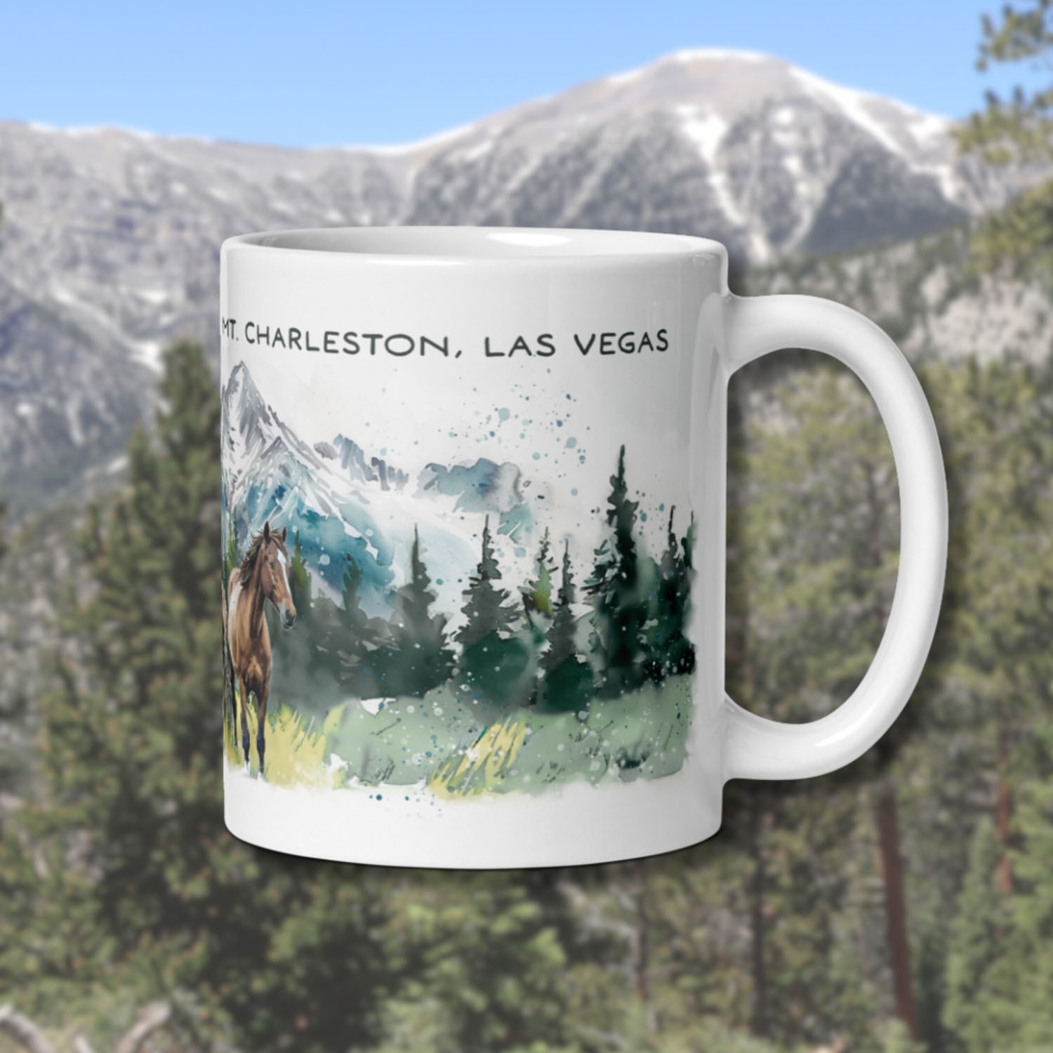 wild horses mt charleston mug, watercolor mountain horse art, ceramic coffee mug, spring mountains nevada, las vegas wildlife mug, horse painting on mug, nature inspired drinkware