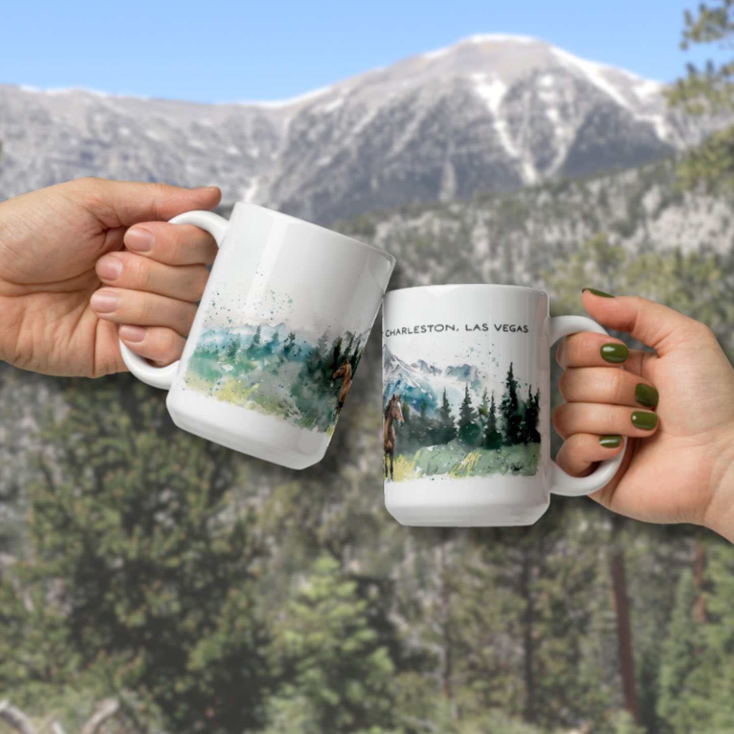 wild horses mt charleston mug, watercolor mountain horse art, ceramic coffee mug, spring mountains nevada, las vegas wildlife mug, horse painting on mug, nature inspired drinkware