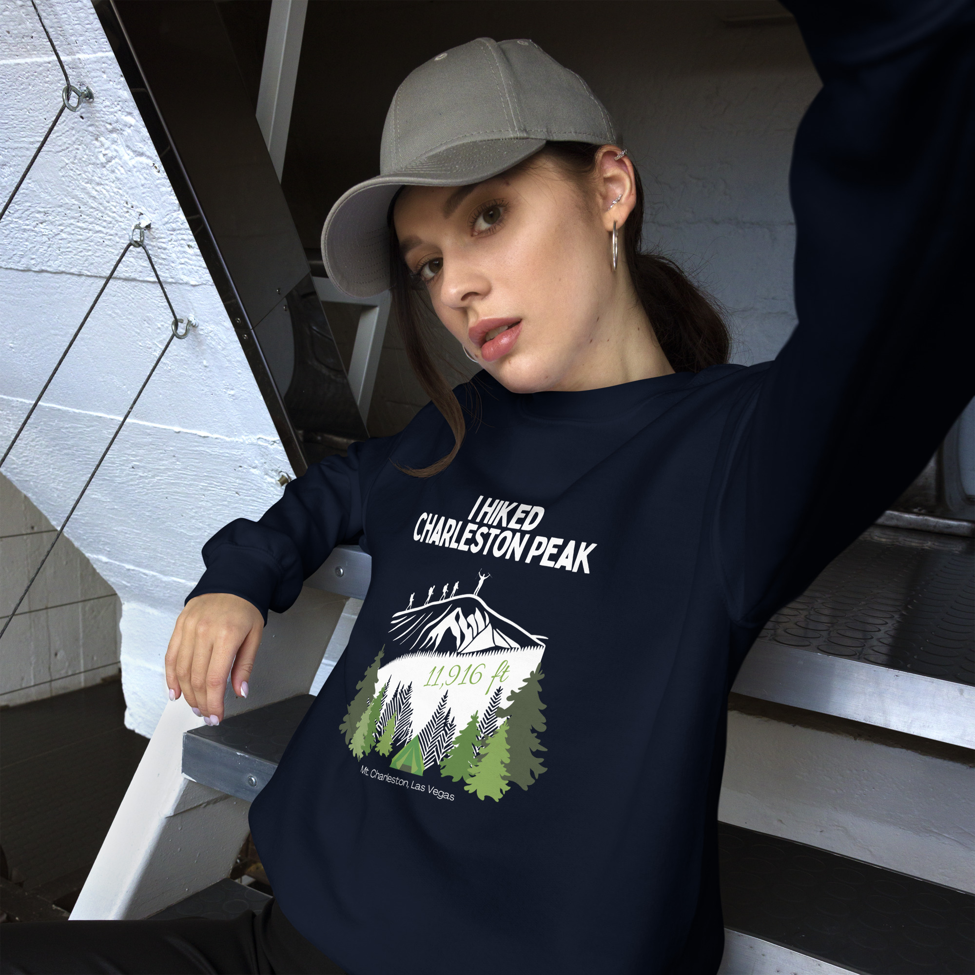 i hiked charleston peak crewneck sweatshirt hiker on mountain top spring mountains nevada hiking achievement apparel