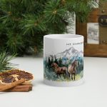 mt charleston wild horses watercolor mug, ceramic mug with horses, nevada mountain wildlife, western horse art, forest mountain scenery, outdoor nature coffee cup