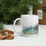 mt charleston wild horses watercolor mug, ceramic mug with horses, nevada mountain wildlife, western horse art, forest mountain scenery, outdoor nature coffee cup