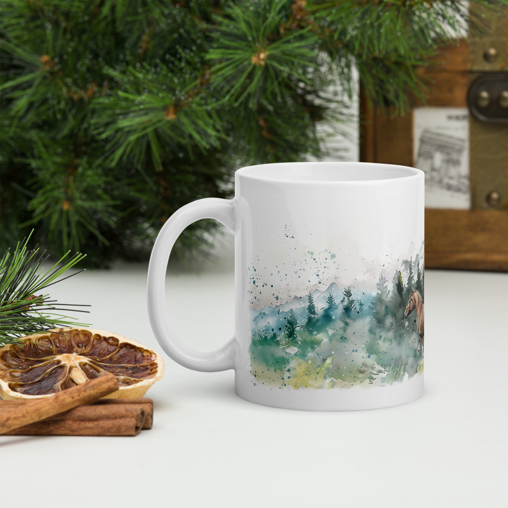 mt charleston wild horses watercolor mug, ceramic mug with horses, nevada mountain wildlife, western horse art, forest mountain scenery, outdoor nature coffee cup