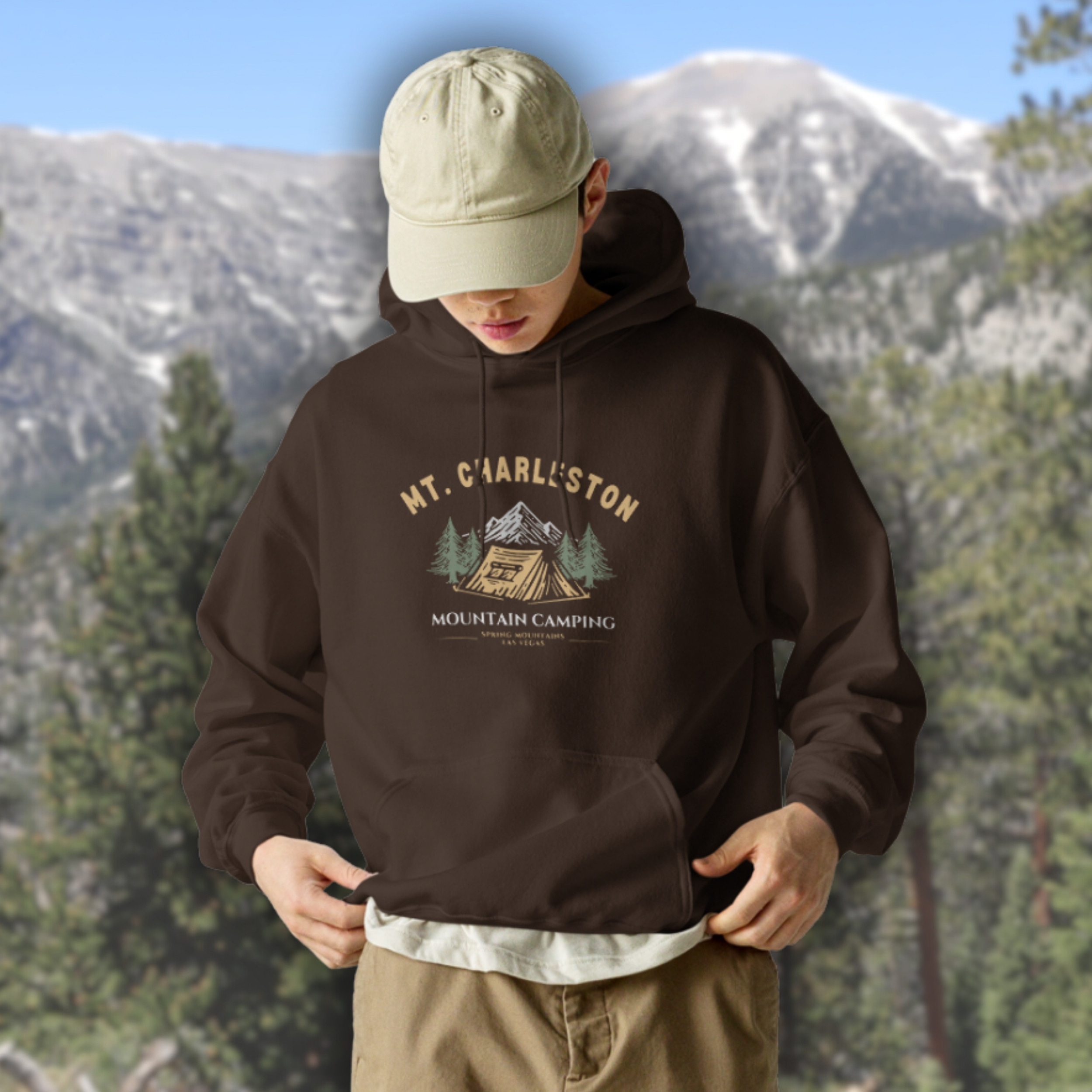 Mt Charleston Mountain Camping hoodie, tent pine trees design, Spring Mountains Las Vegas sweatshirt, Nevada hiking camping apparel, cozy outdoor pullover