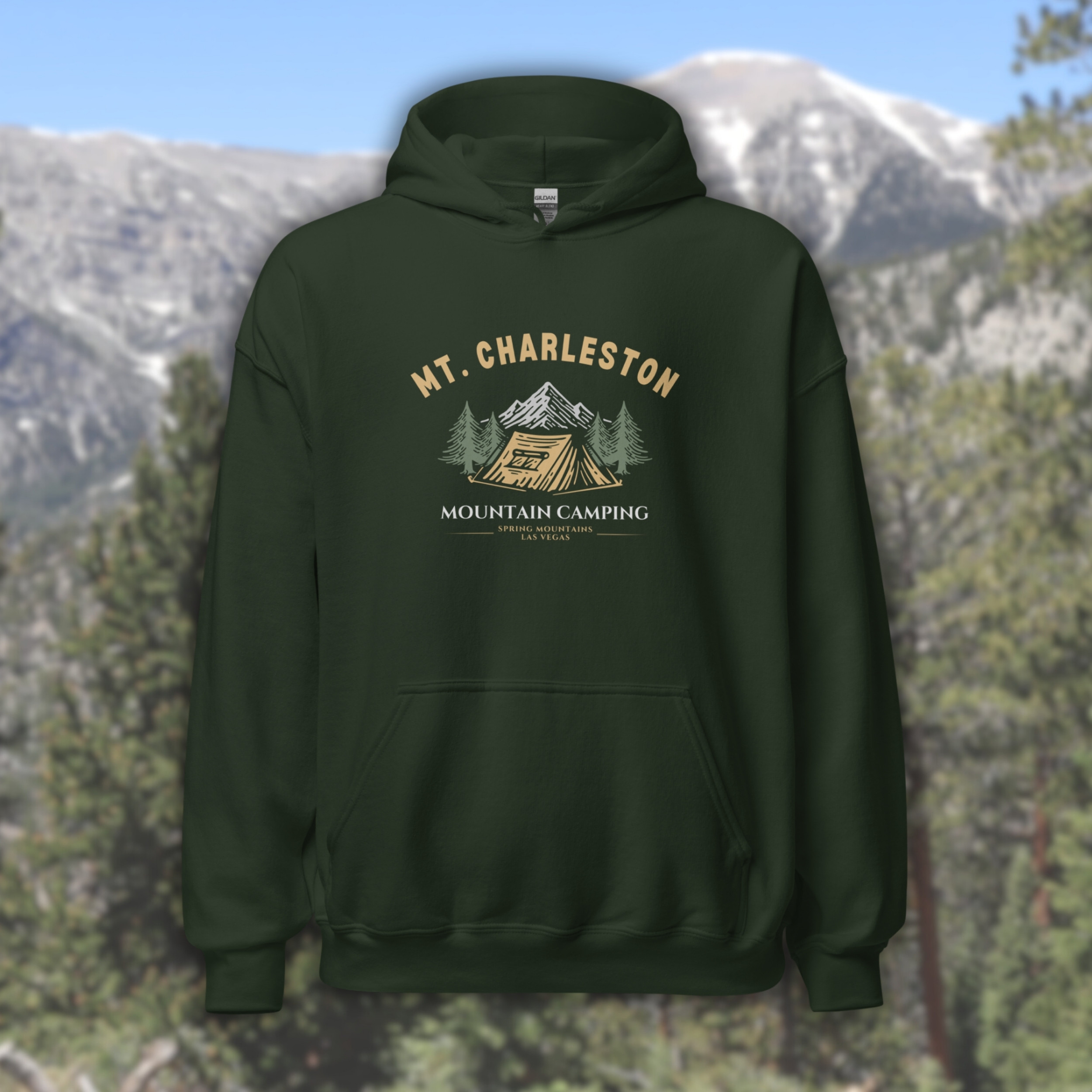 Mt Charleston Mountain Camping hoodie, tent pine trees design, Spring Mountains Las Vegas sweatshirt, Nevada hiking camping apparel, cozy outdoor pullover