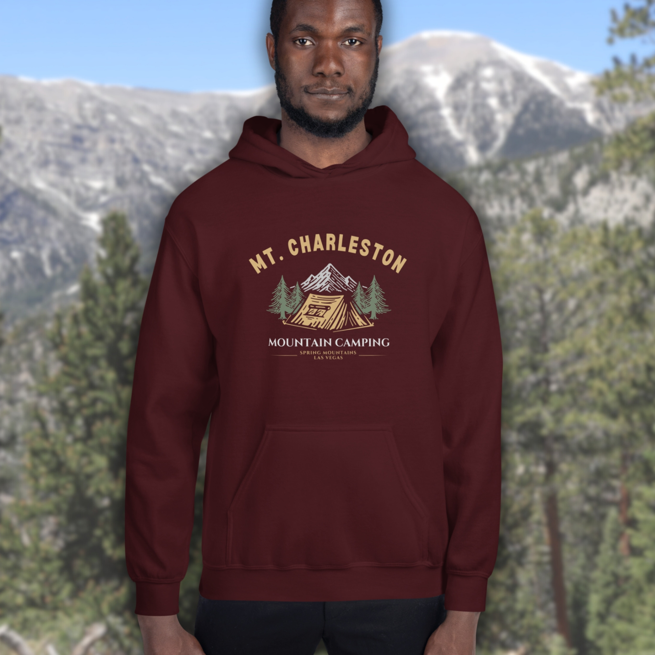 Spring Mountains hoodie Las Vegas, mountain tent camping graphic, Mt Charleston Nevada sweatshirt, pine forest design, hiking camping clothing