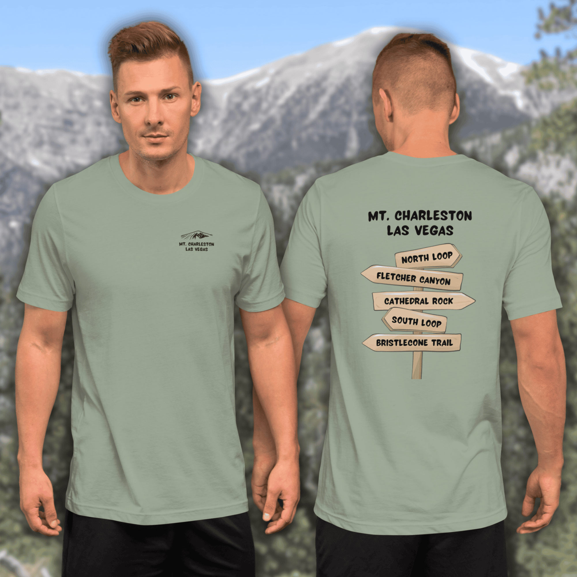 mt charleston hiking trails t shirt sage green, trail sign graphic with north loop south loop bristlecone trail cathedral rock fletcher canyon, spring mountains nevada hiking shirt, las vegas mountain tee