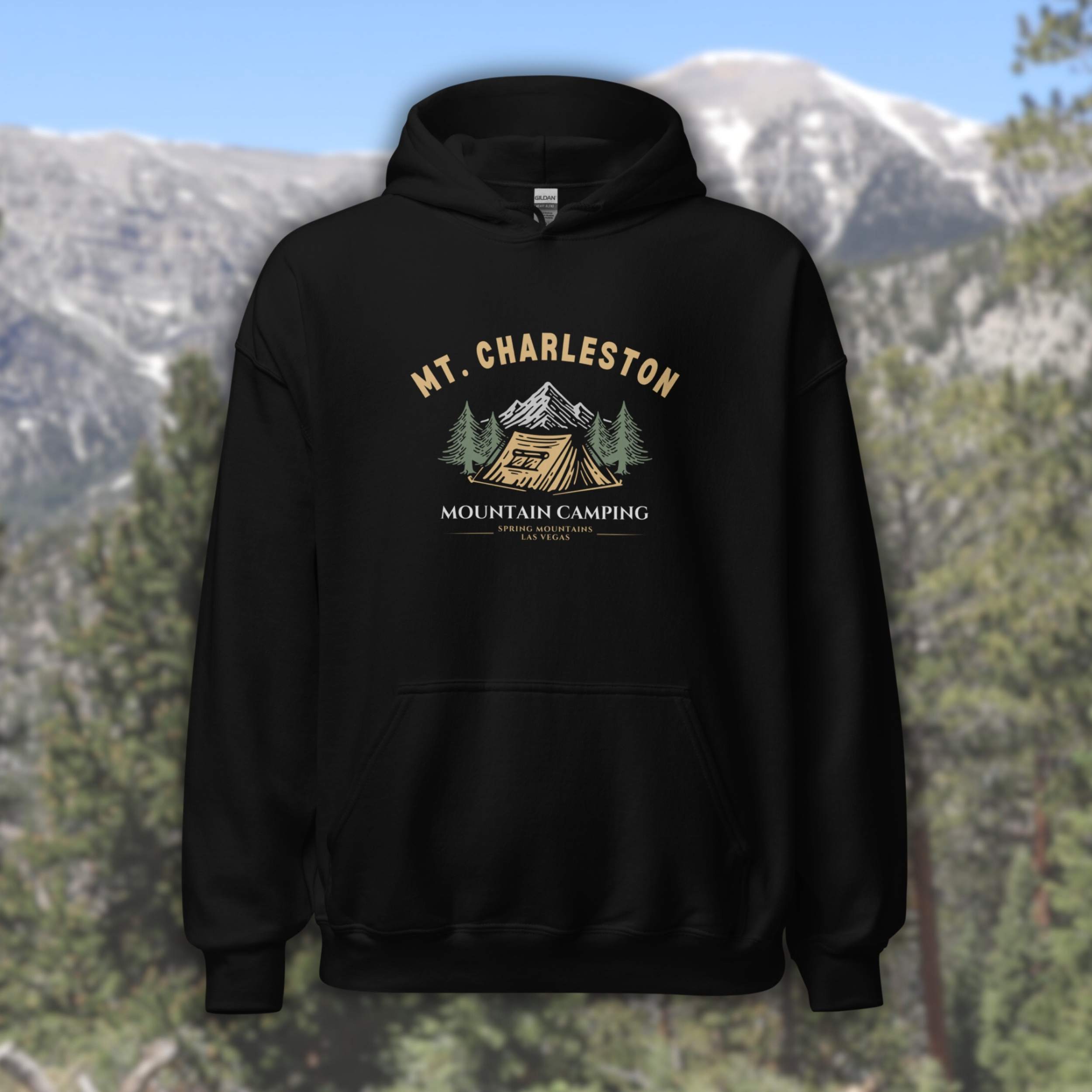 Spring Mountains hoodie Las Vegas, mountain tent camping graphic, Mt Charleston Nevada sweatshirt, pine forest design, hiking camping clothing