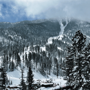 mt charleston snow this week, lee canyon ski area winter conditions, evergreen trees covered in fresh powder, snowy mountain slopes near las vegas, spring mountains after winter storm