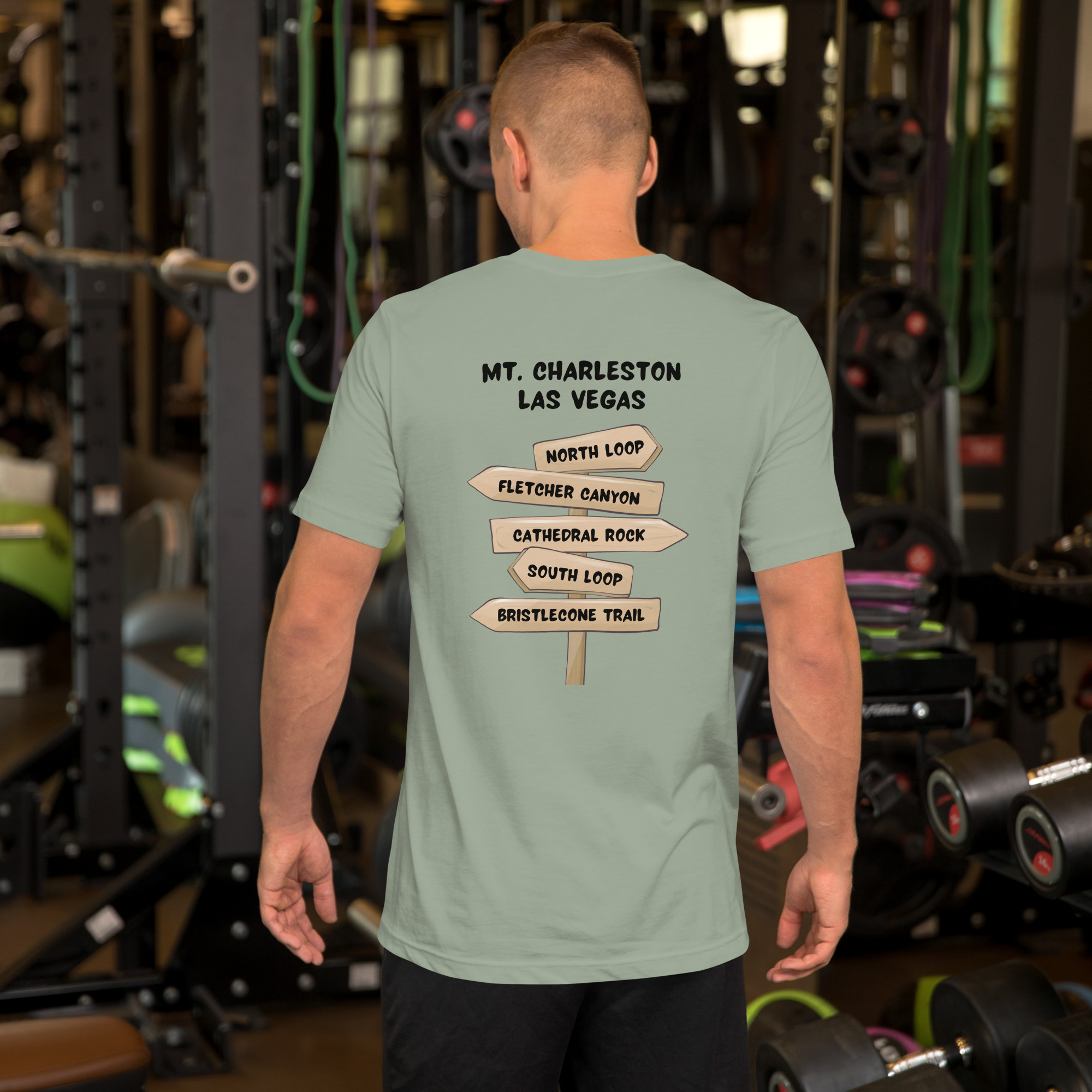 mt charleston hiking trails t shirt sage green, trail sign graphic with north loop south loop bristlecone trail cathedral rock fletcher canyon, spring mountains nevada hiking shirt, las vegas mountain tee